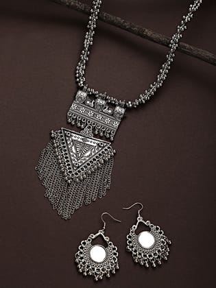 Cardinal Oxidized Silver Color Long Necklace Set