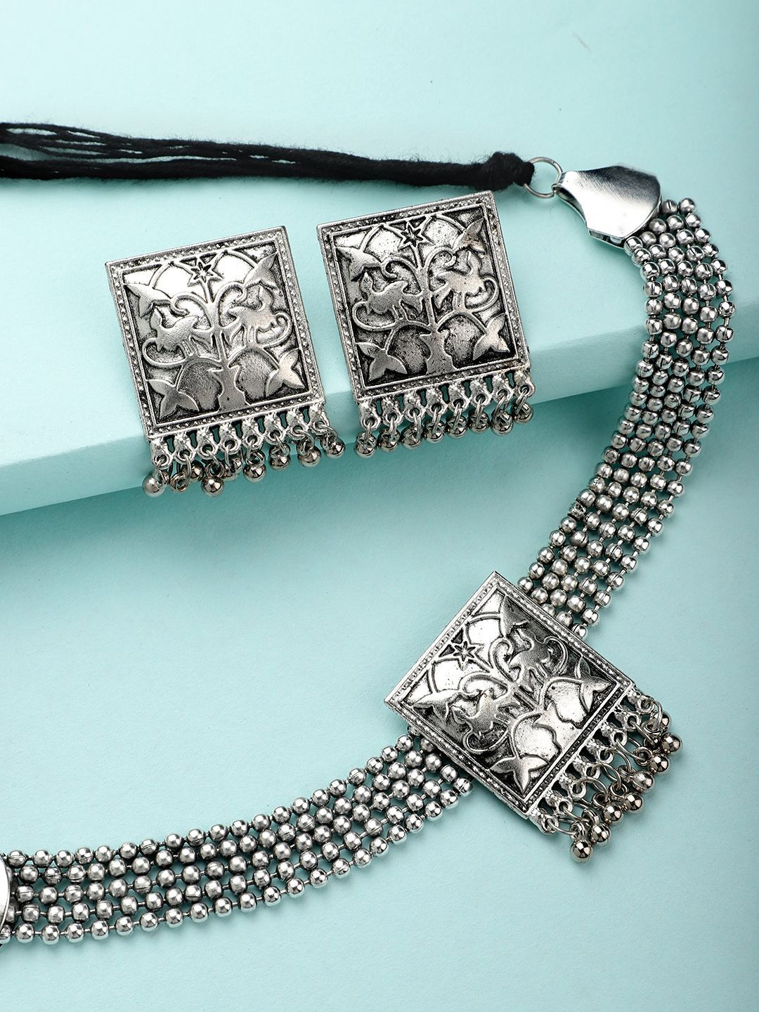 Cardinal Oxidized Silver Color Choker Necklace set