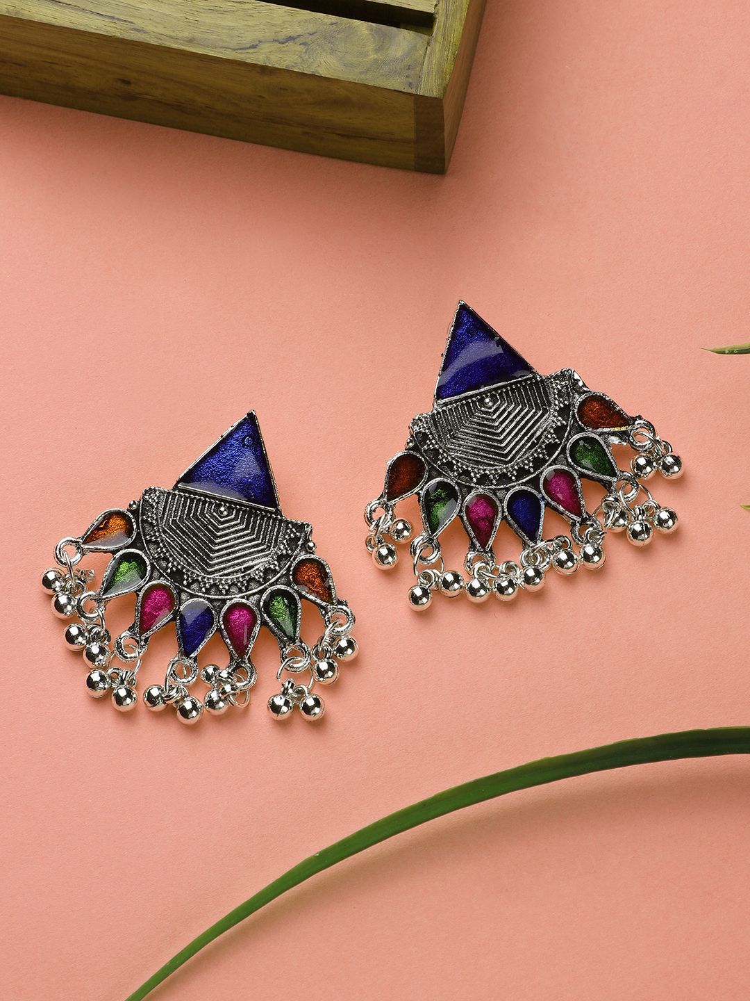 Cardinal Oxidized Silver Color Multicolor Minakari Earrings