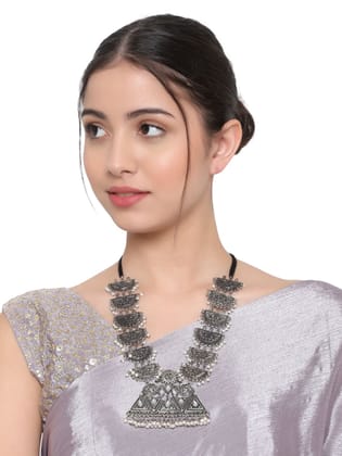 Oxidized Silver Color White Stone Long Necklace Set