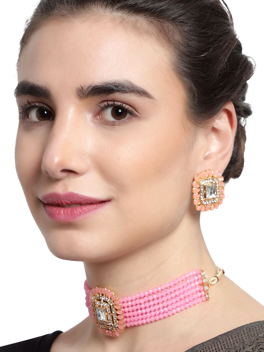 Cardinal Gold Plated Brass Pink Onyx Multistring Kundan Choker Necklace Set