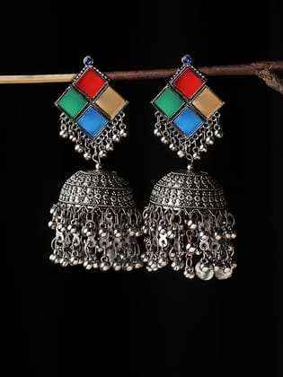 Cardinal Oxiidzed Silver Color Multicolor Stone Jhumka Earrings