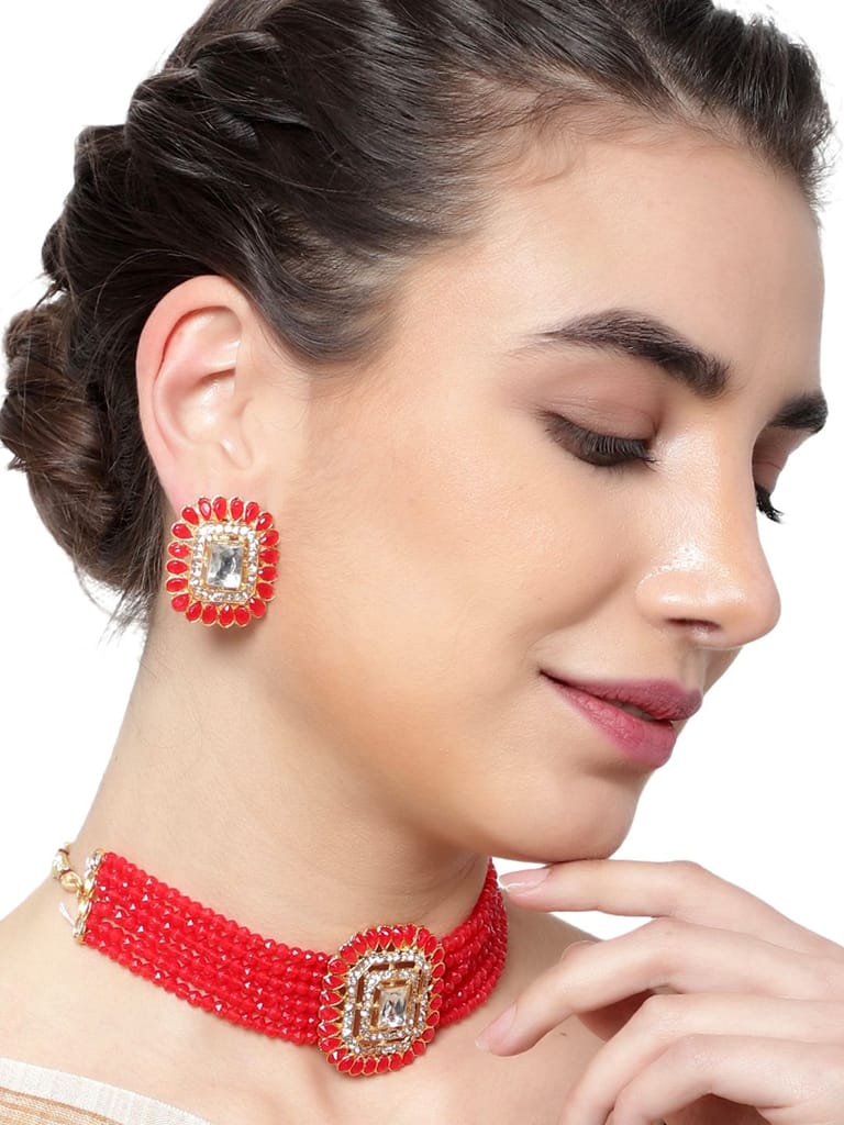 Cardinal Kundan Red Multistring Onyx Brass Choker Necklace Set - Jewellery Sets | Buy online on ZillyBuy