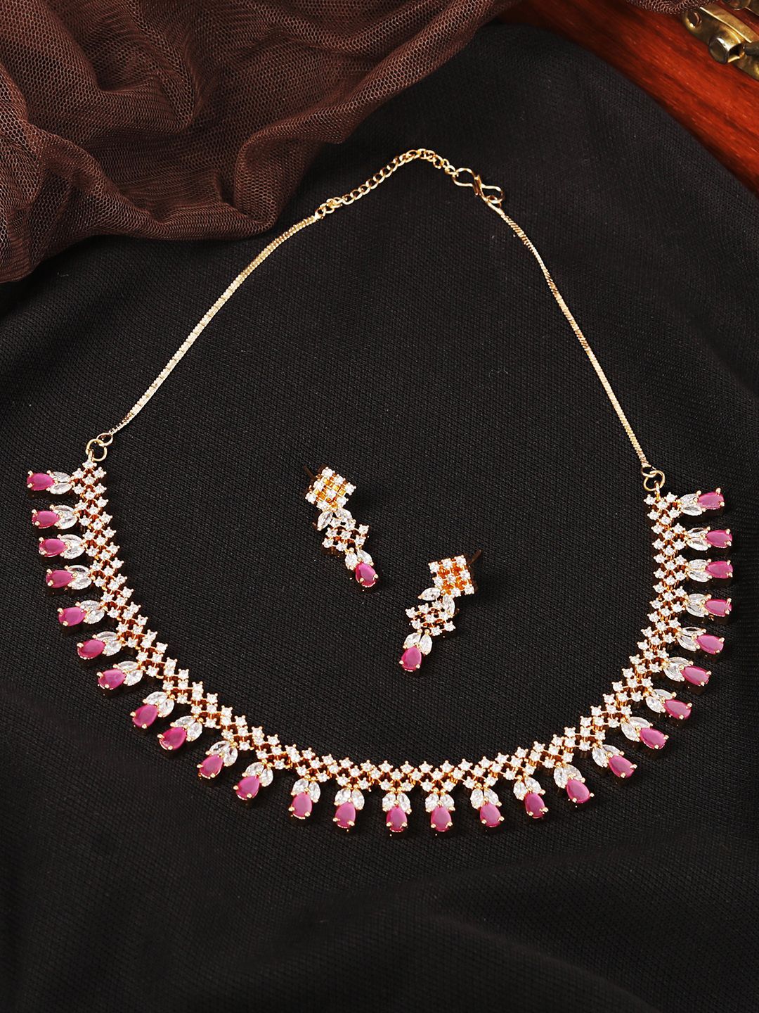 Cardinal American Diamond Brass Red Stone Gold Plated Necklace set