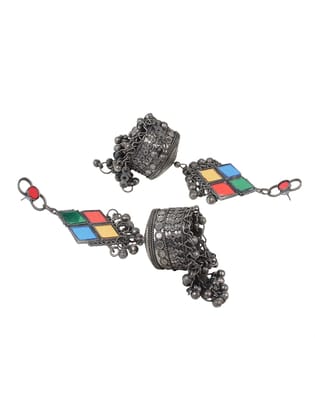 Cardinal Oxidized Silver Color Multicolor Stone Jhumka  Earrings