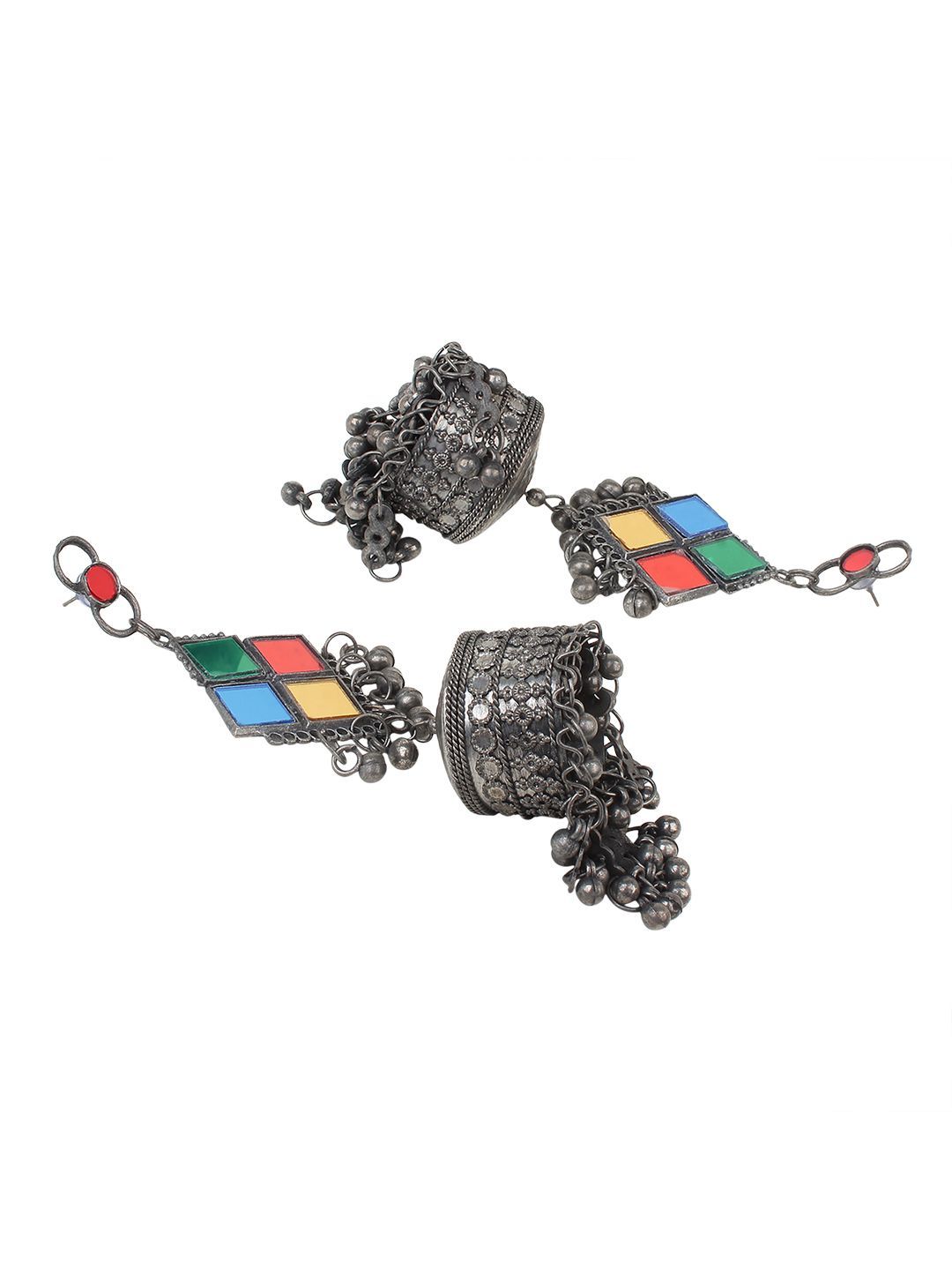 Cardinal Oxidized Silver Color Multicolor Stone Jhumka  Earrings