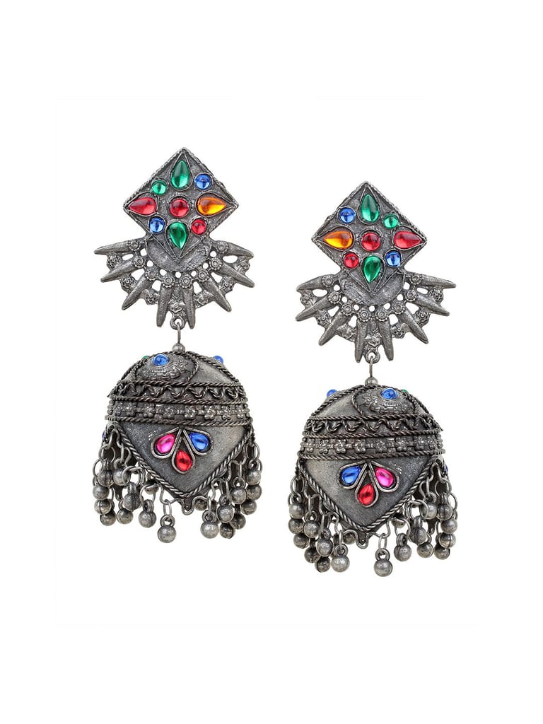 Cardinal Oxidized Silver Color Multicolor Stone Antique Light Weight Jhumka Earrings - Earrings | Buy online on ZillyBuy