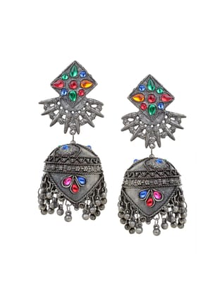 Cardinal Oxidized Silver Color Multicolor Stone Antique Light Weight Jhumka Earrings