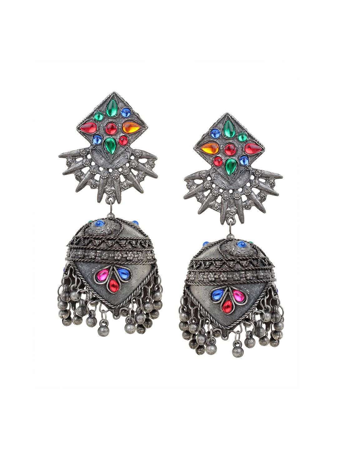 Cardinal Oxidized Silver Color Multicolor Stone Antique Light Weight Jhumka Earrings
