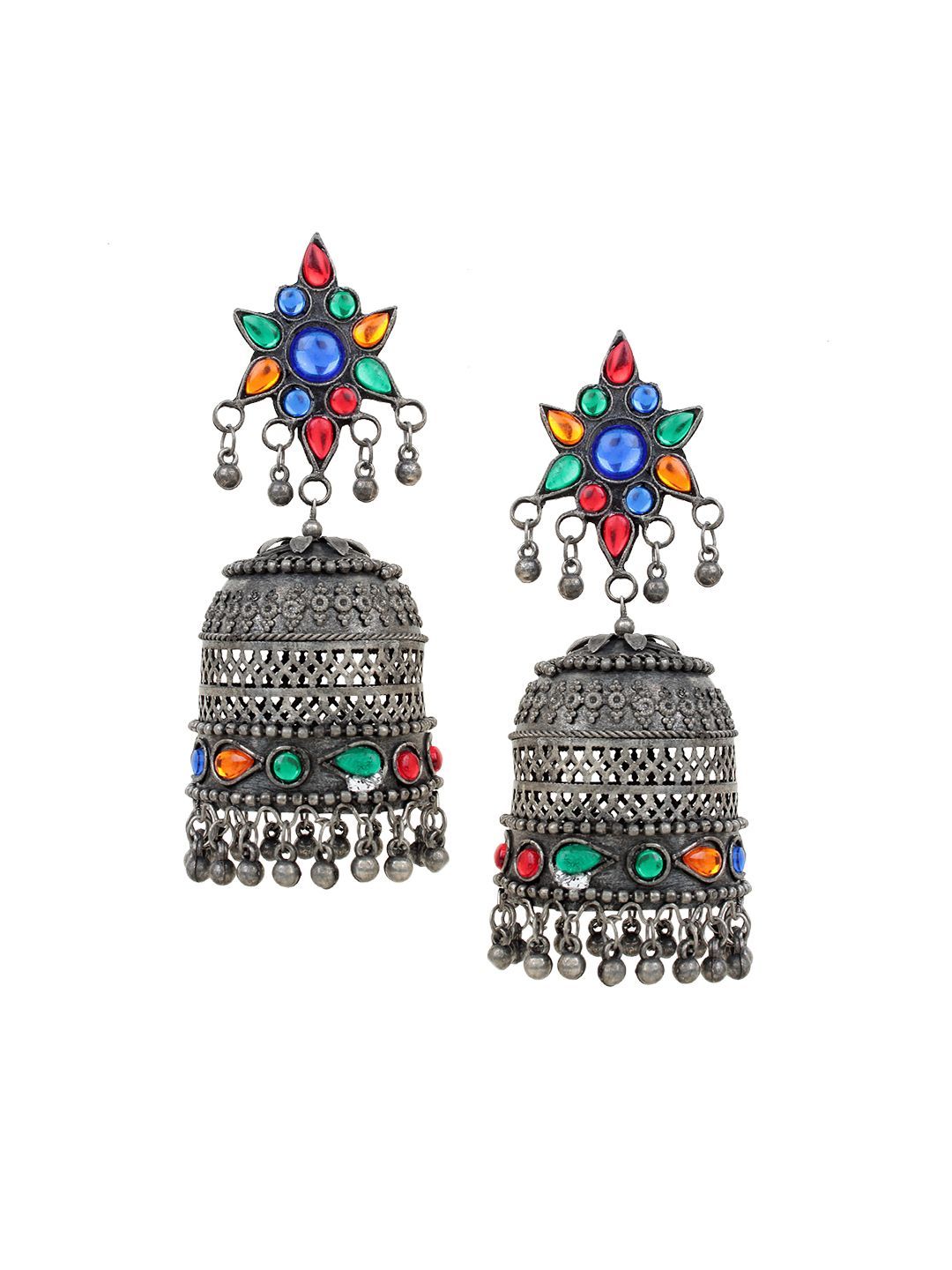 Cardinal Oxidized Silver Color Multicolor Stone Jhumki Earrings