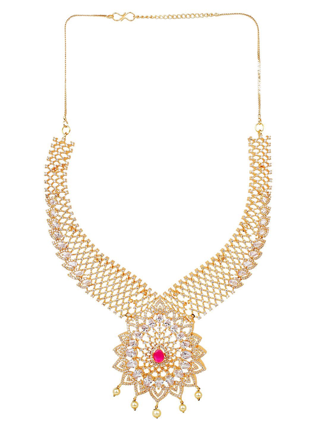 Cardinal Gold Plated Brass American Diamond Red Stone Necklace Set