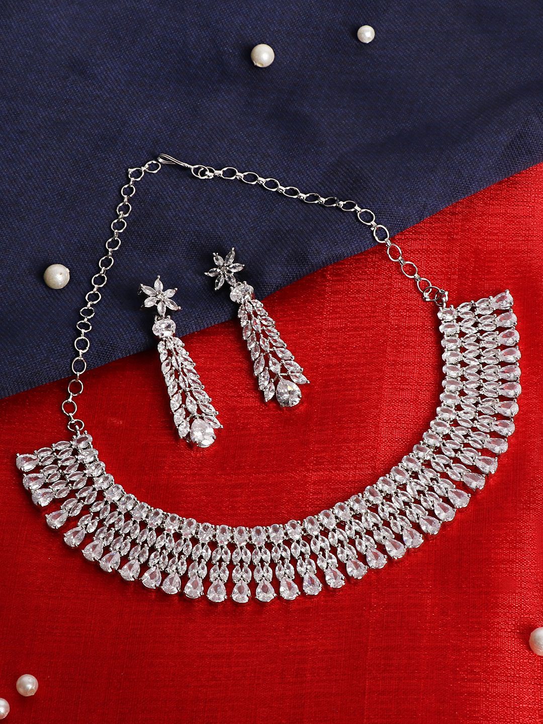 Cardinal American Diamond Silver Color Plated Brass Necklace Set