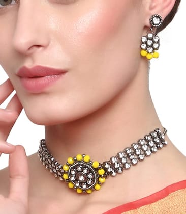 Cardinal Yellow Color Stone Oxidized Silver Oxidized Choker Necklace Set