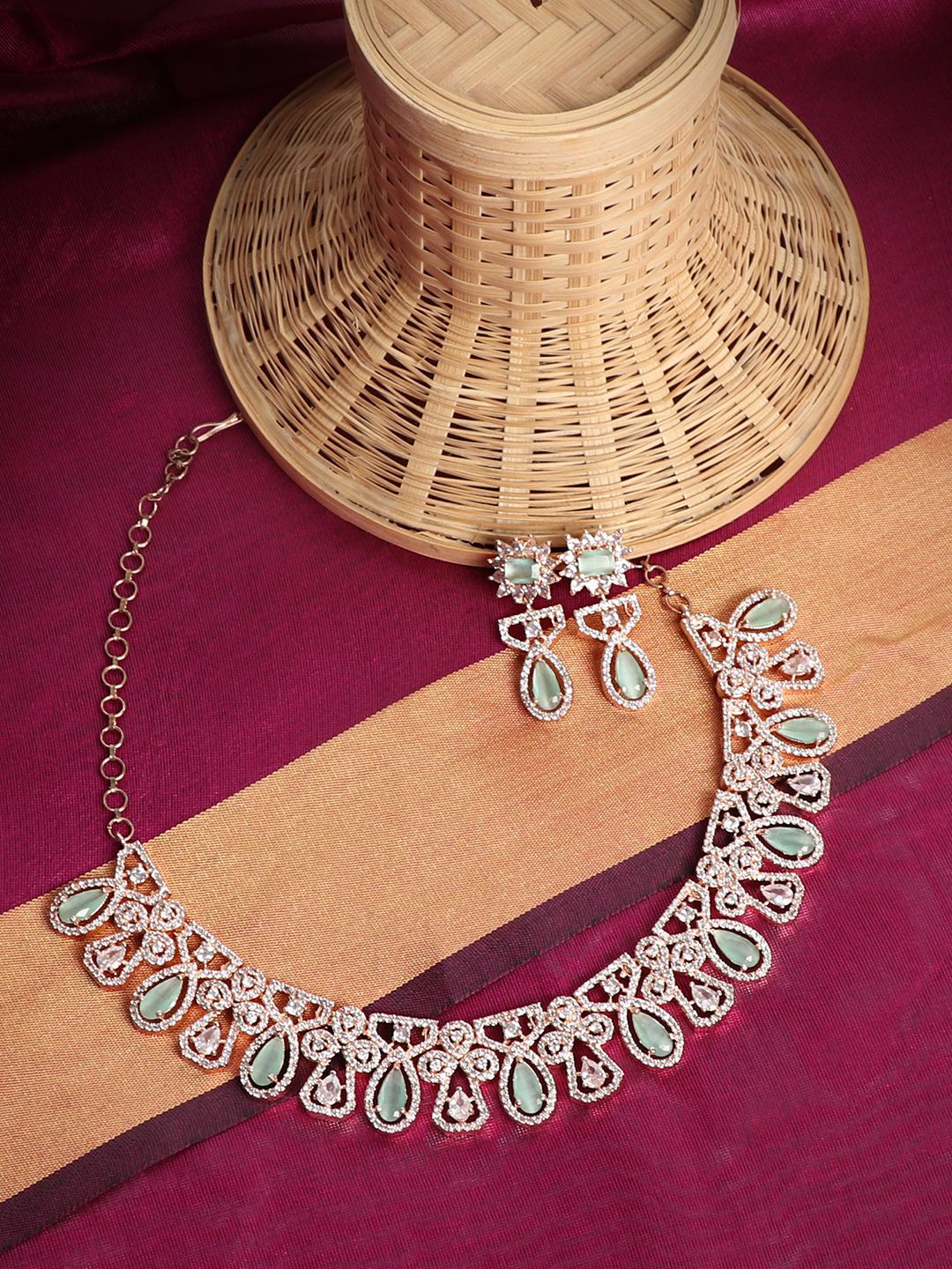 Cardinal American Diamond Rose Gold Polish Pista Color Stone Necklace Set