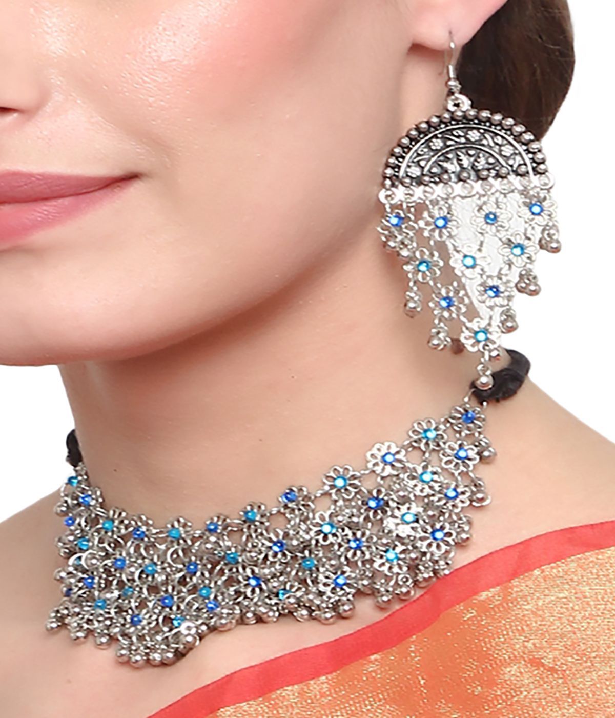 Cardinal Oxidized Silver Color Blue Stone Choker Necklace Set