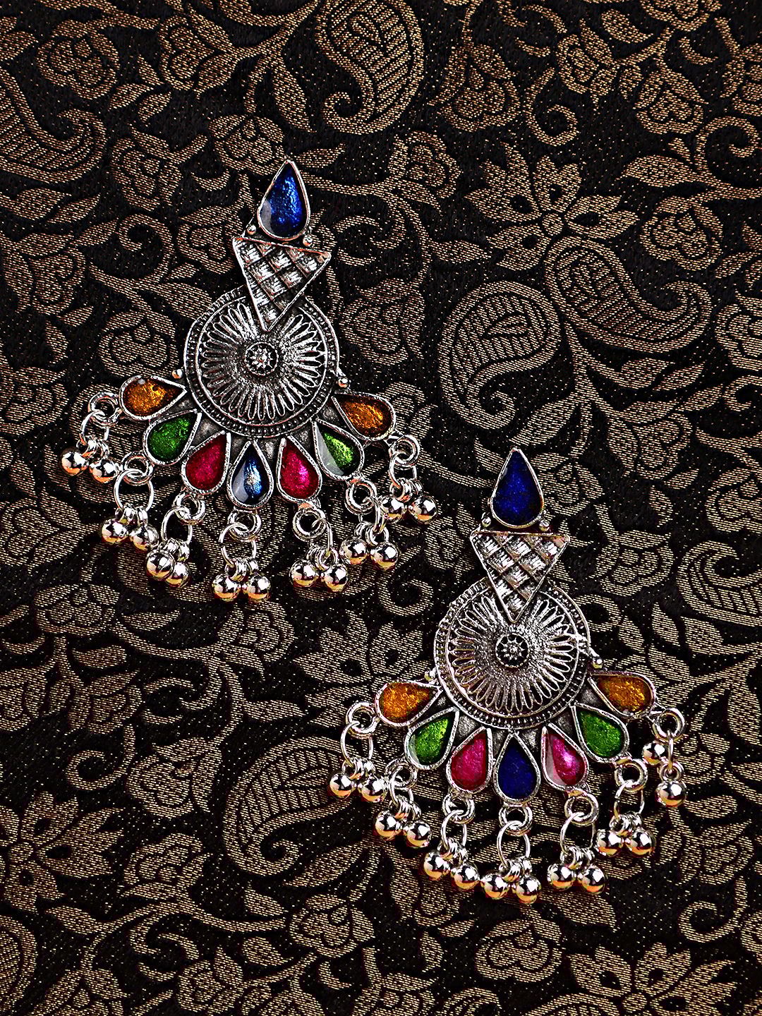 Cardinal Oxidized Silver Color Multicolor Minakari Earrings