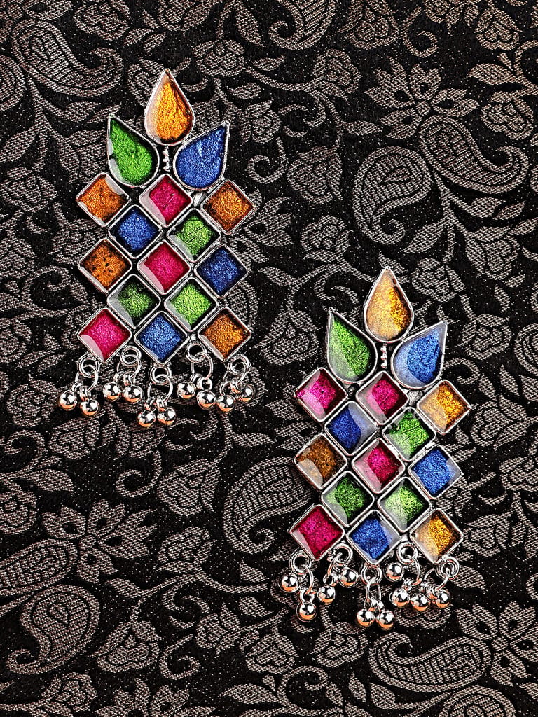 Cardinal Oxidized Silver Color Multicolor Minakari Earrings - Earrings | Buy online on ZillyBuy