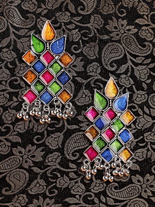 Cardinal Oxidized Silver Color Multicolor Minakari Earrings