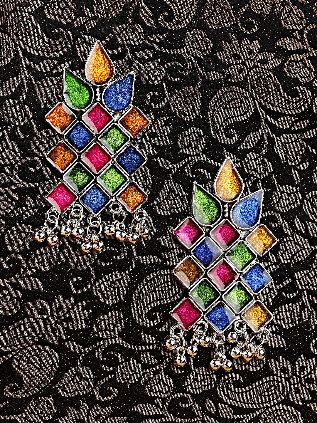 Cardinal Oxidized Silver Color Multicolor Minakari Earrings
