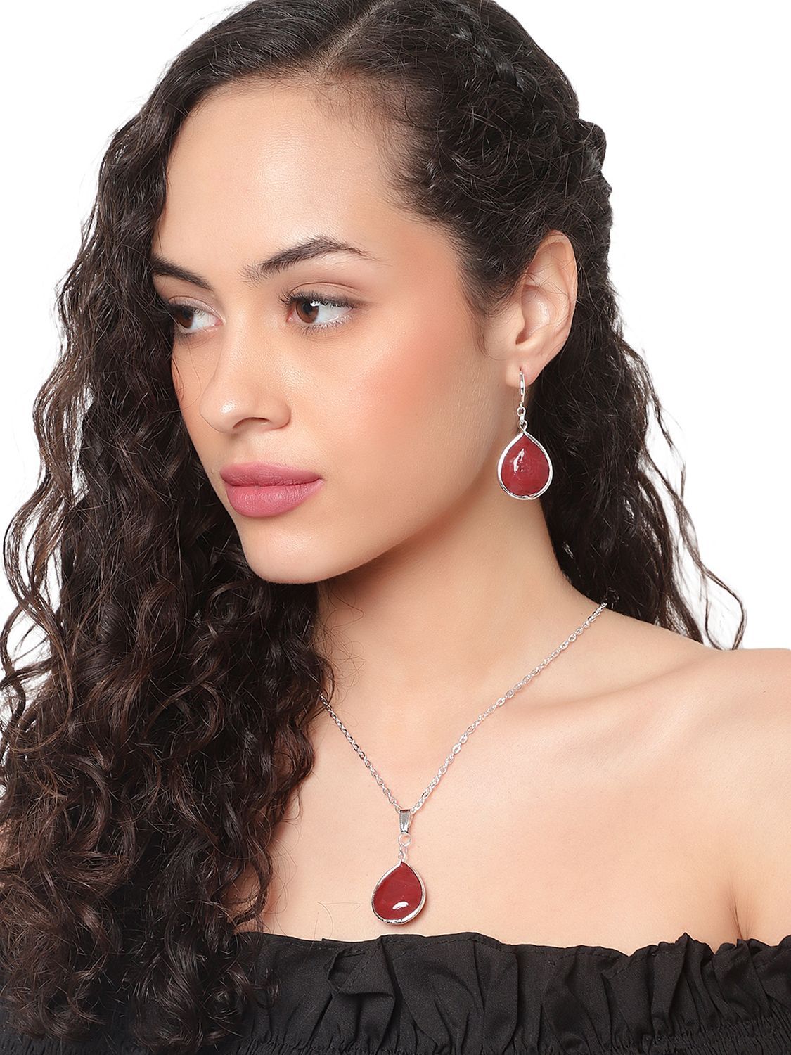 Cardinal Maroon Stone Pendant & Earrings & Silver Necklace Chain & Earrings
