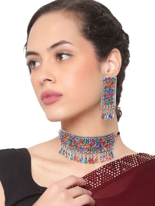 Cardinal Oxidized Silver Color Multicolor Stone Choker Necklace Set