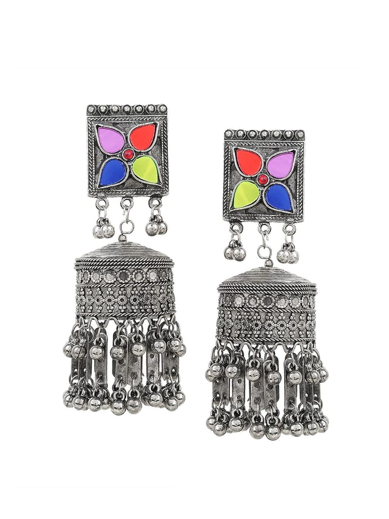 Cardinal Oxidized Silver Color Multicolor Stone Jhumka Earrings - Earrings | Buy online on ZillyBuy