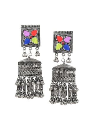 Cardinal Oxidized Silver Color Multicolor Stone Jhumka Earrings