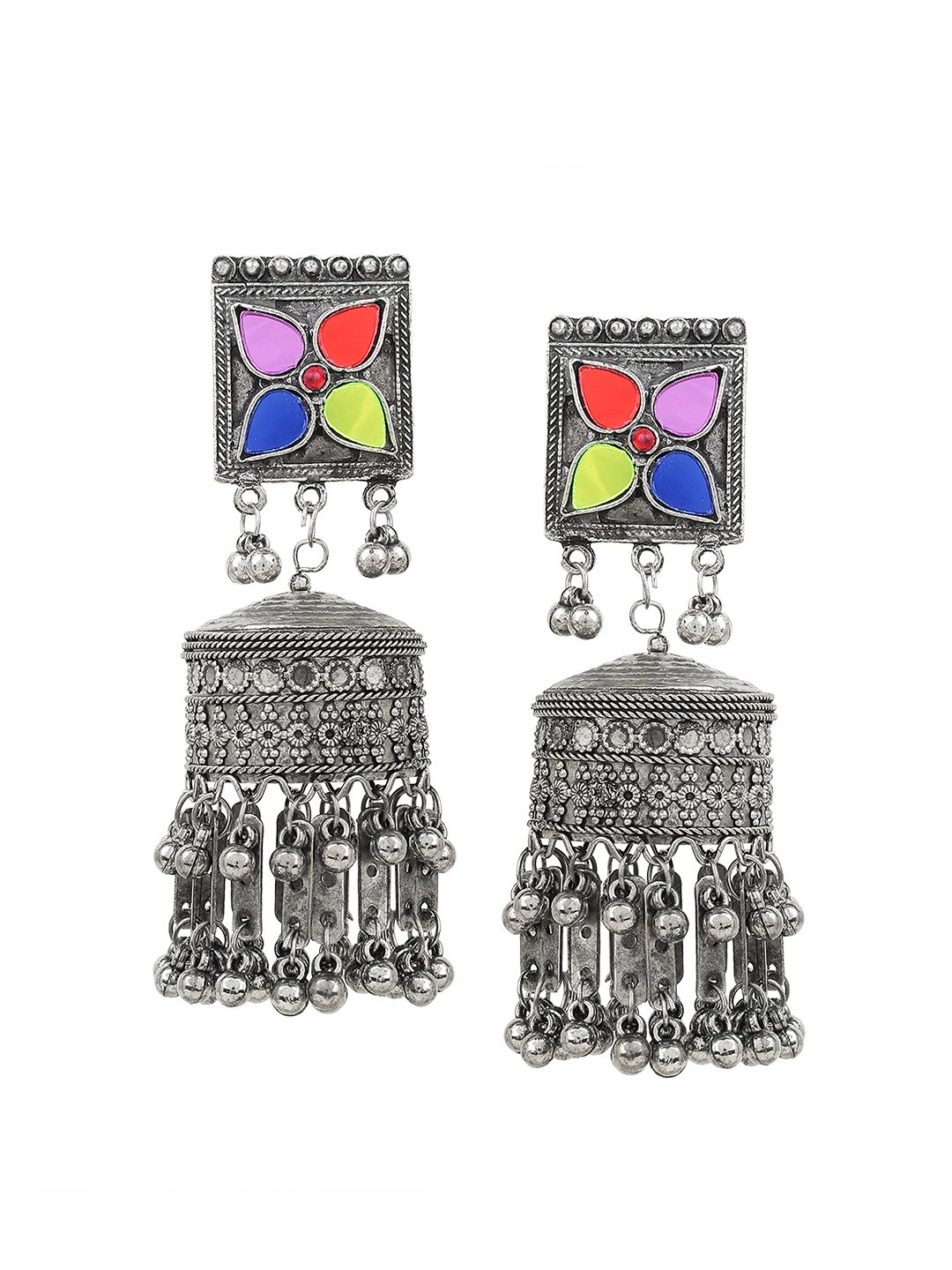 Cardinal Oxidized Silver Color Multicolor Stone Jhumka Earrings