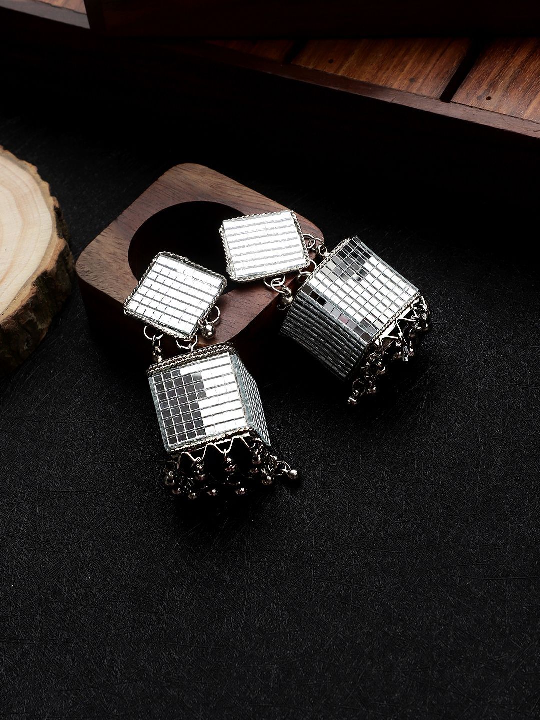 Cardinal Oxidized Silver Color Mirror Stone Jhumki Earrings