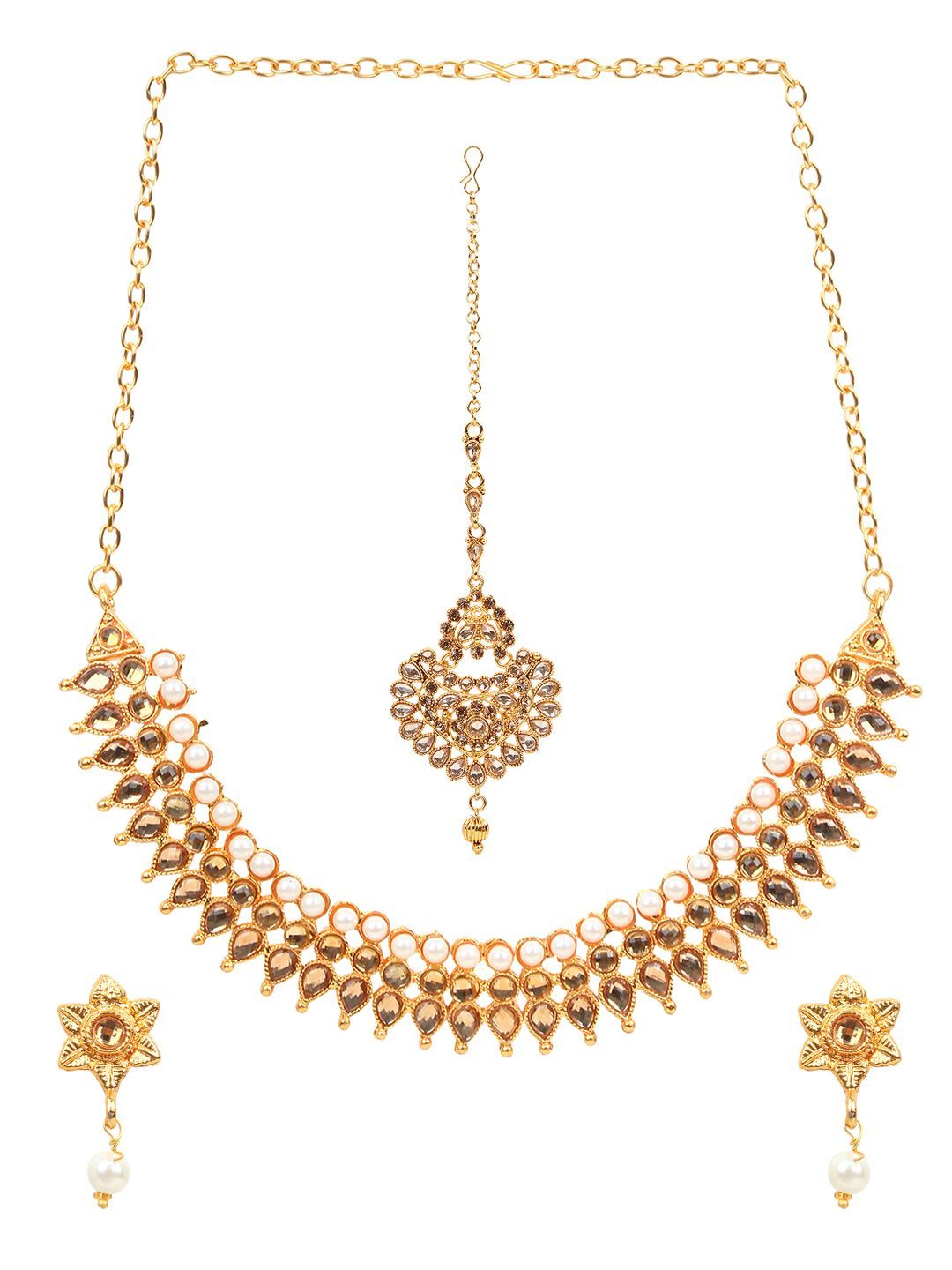 Cardinal Gold Plated Brass American diamond Choker Necklace Set & Maang Tika