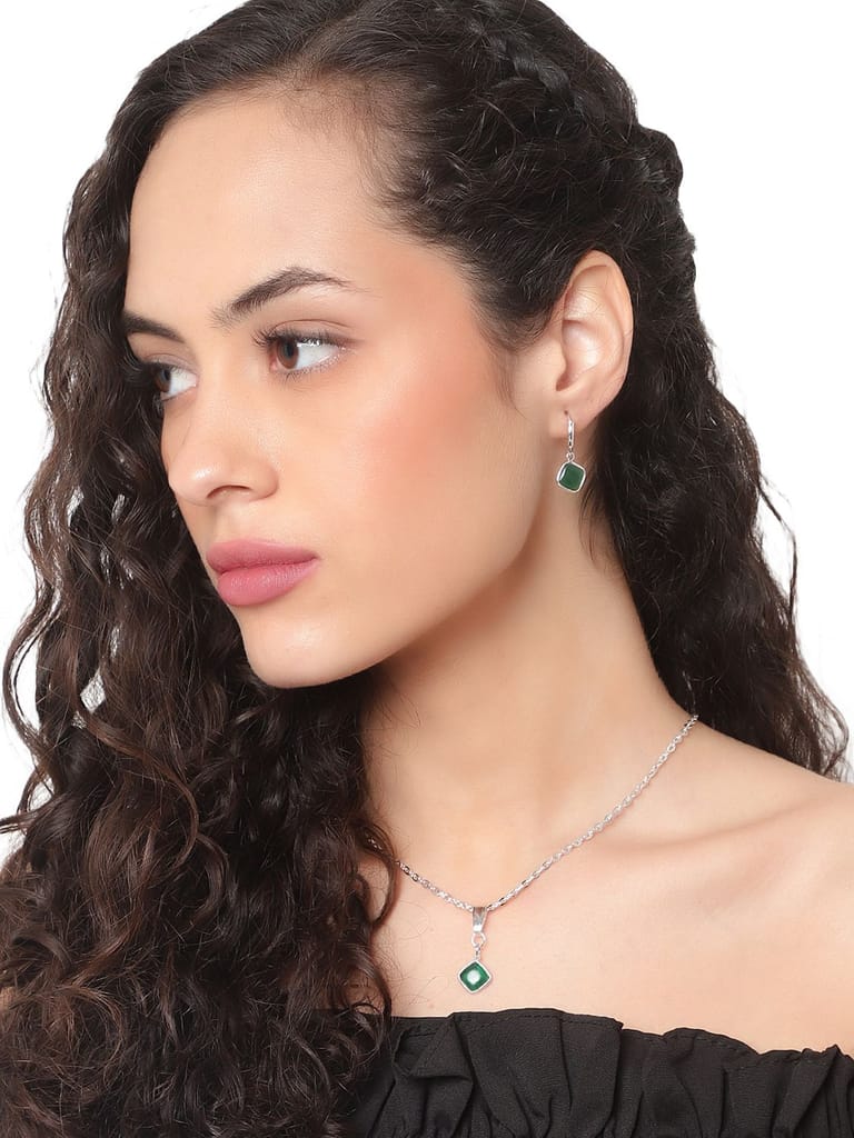 Cardinal Green Color Pendant Silver Chain & Earrings Set - Jewellery Sets | Buy online on ZillyBuy