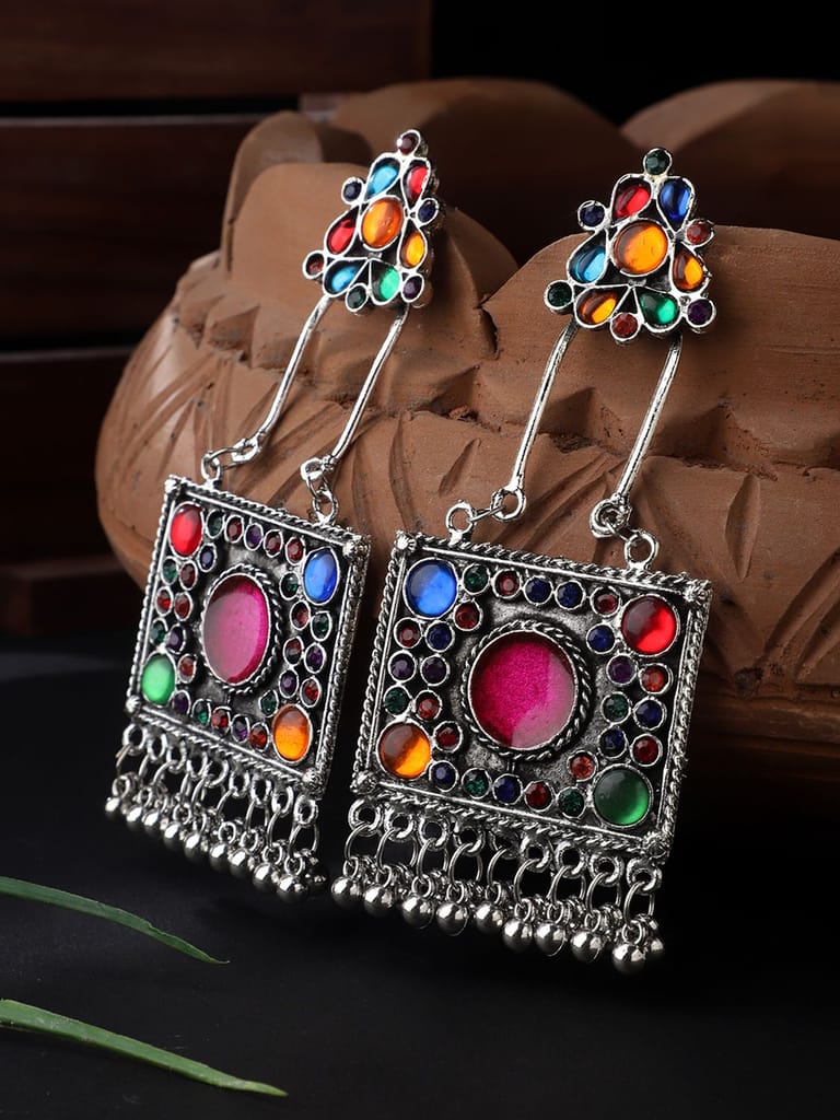 Cardinal Oxidized Silver Color Multicolor Stone Antique Earrings - Earrings | Buy online on ZillyBuy