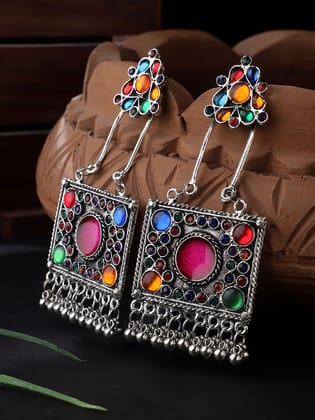 Cardinal Oxidized Silver Color Multicolor Stone Antique Earrings