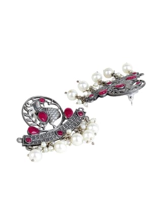 Cardinal Silver color Brass Red Stone Moti Peacock Design Earrings Set