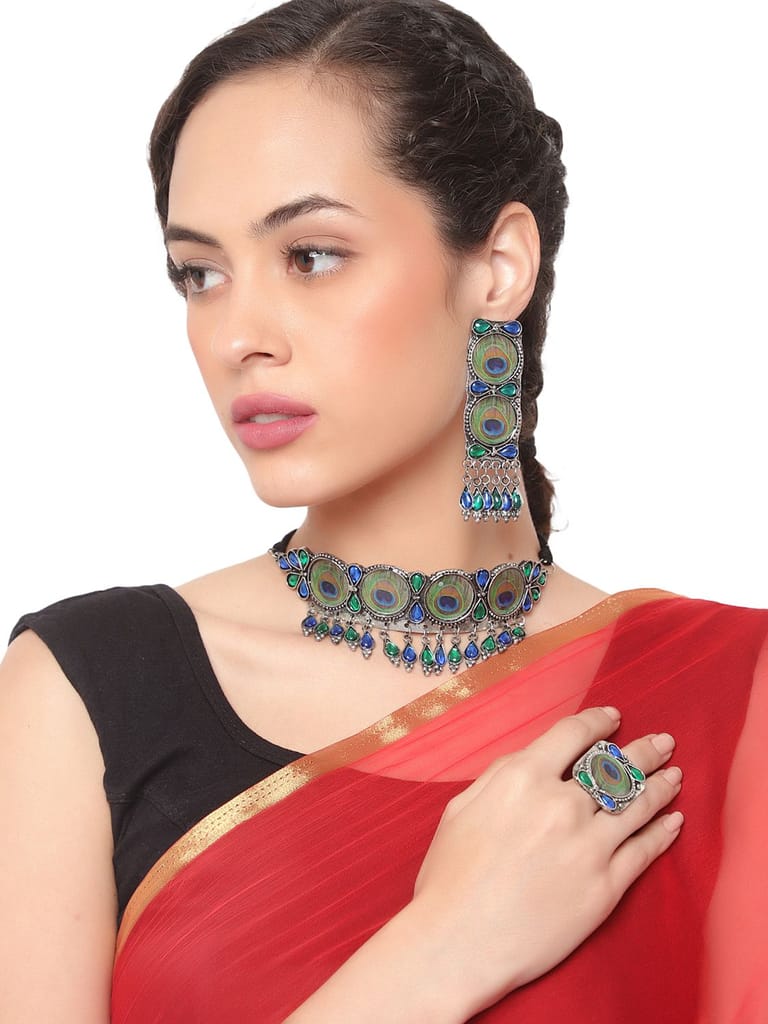 Cardinal Oxidized Silver Color Peacock Design Ring & Necklace Set - Jewellery Sets | Buy online on ZillyBuy