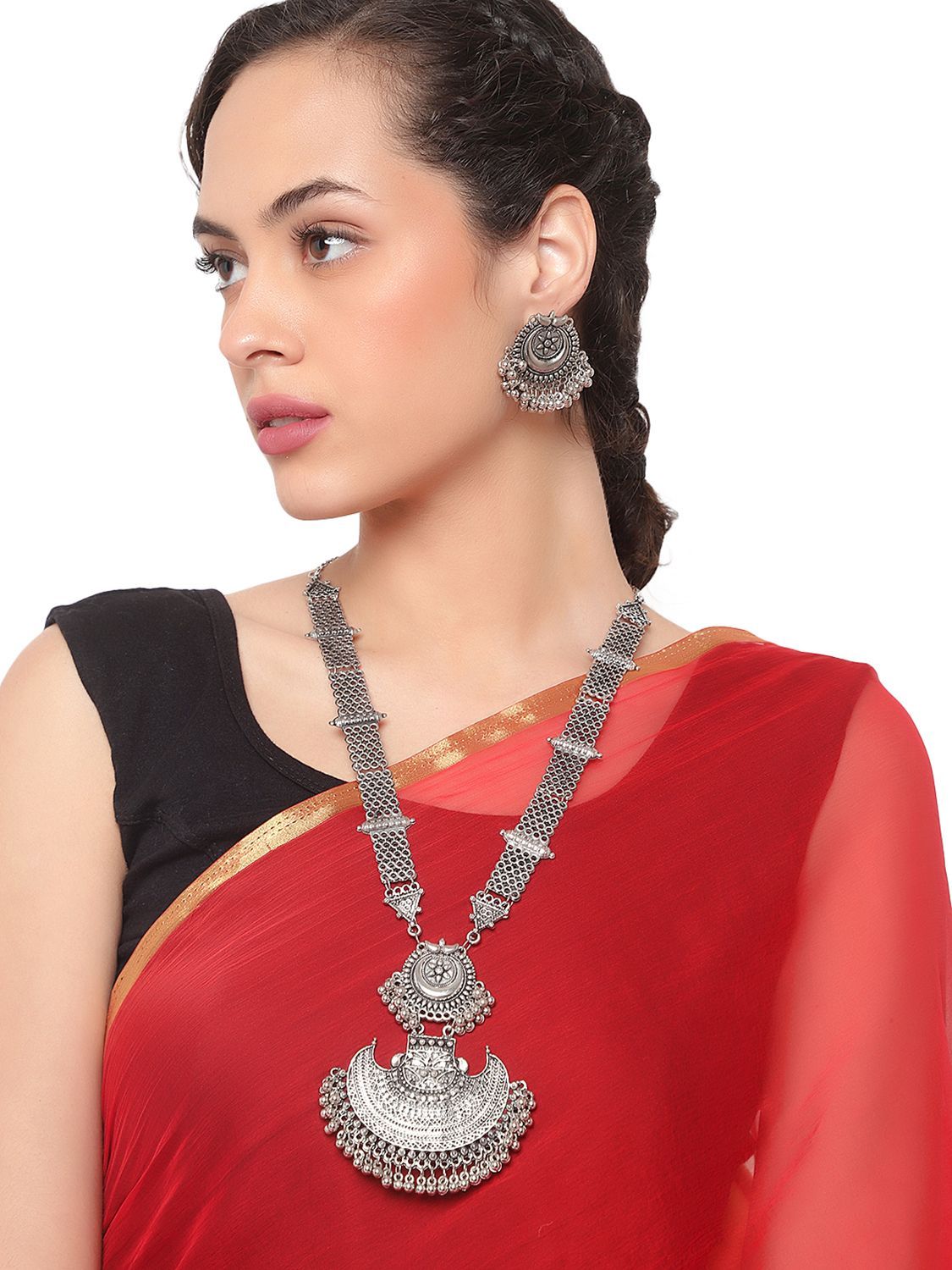 Cardinal Oxidized Silver Color Long Necklace Set