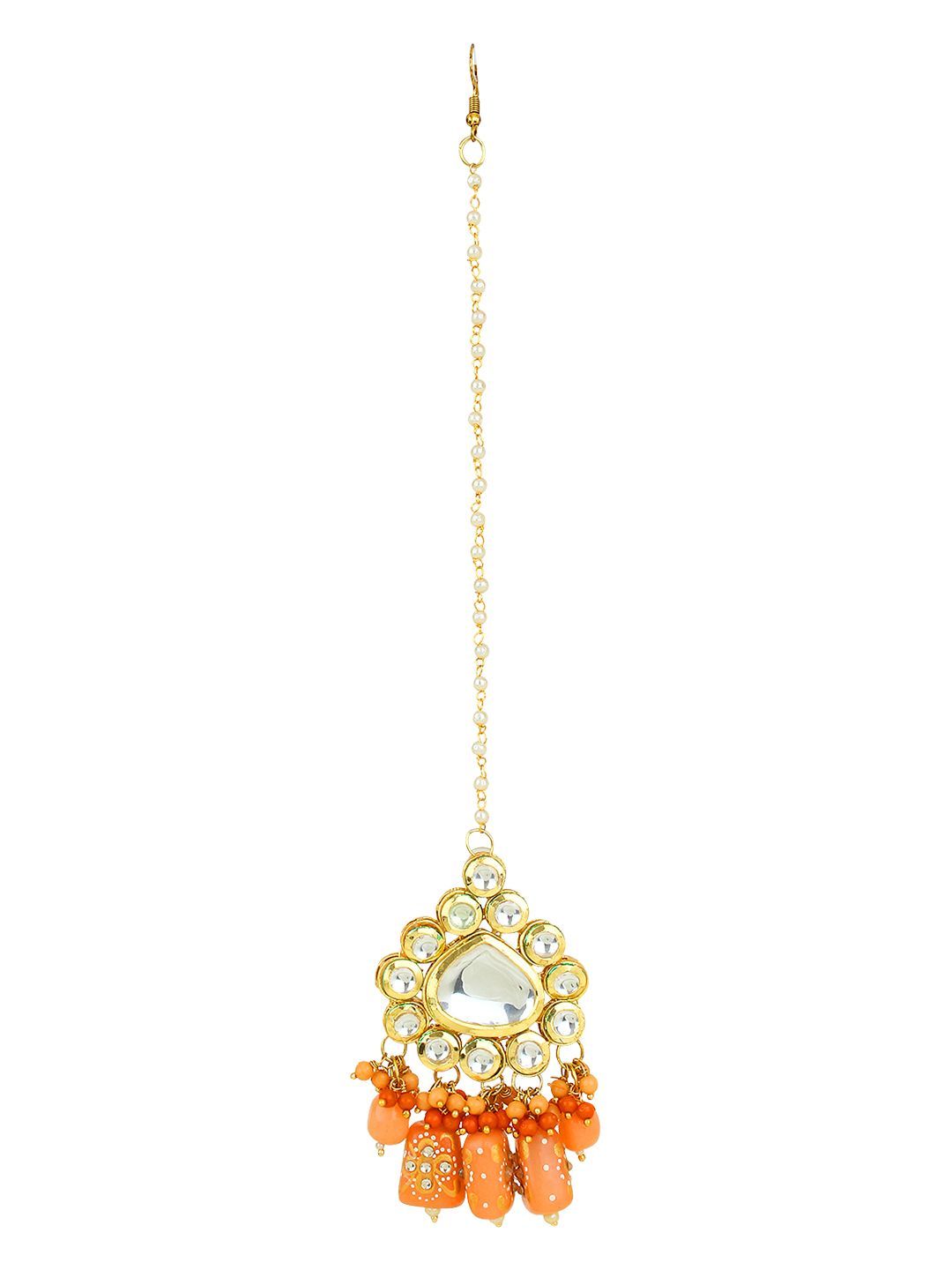 Cardinal Kundan Peach Color Stone Brass Gold Plated Wedding Maang Tika & Necklace Set