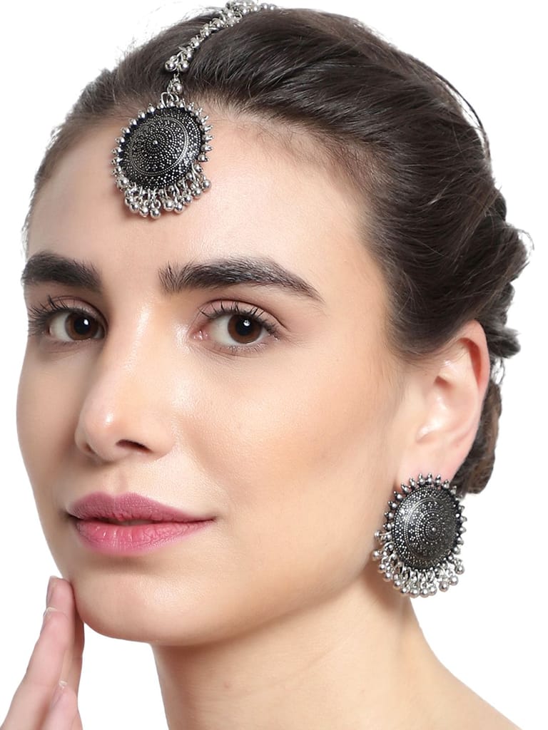Cardinal Oxidized Silver Color Maang Tika & Earrings - Earrings | Buy online on ZillyBuy