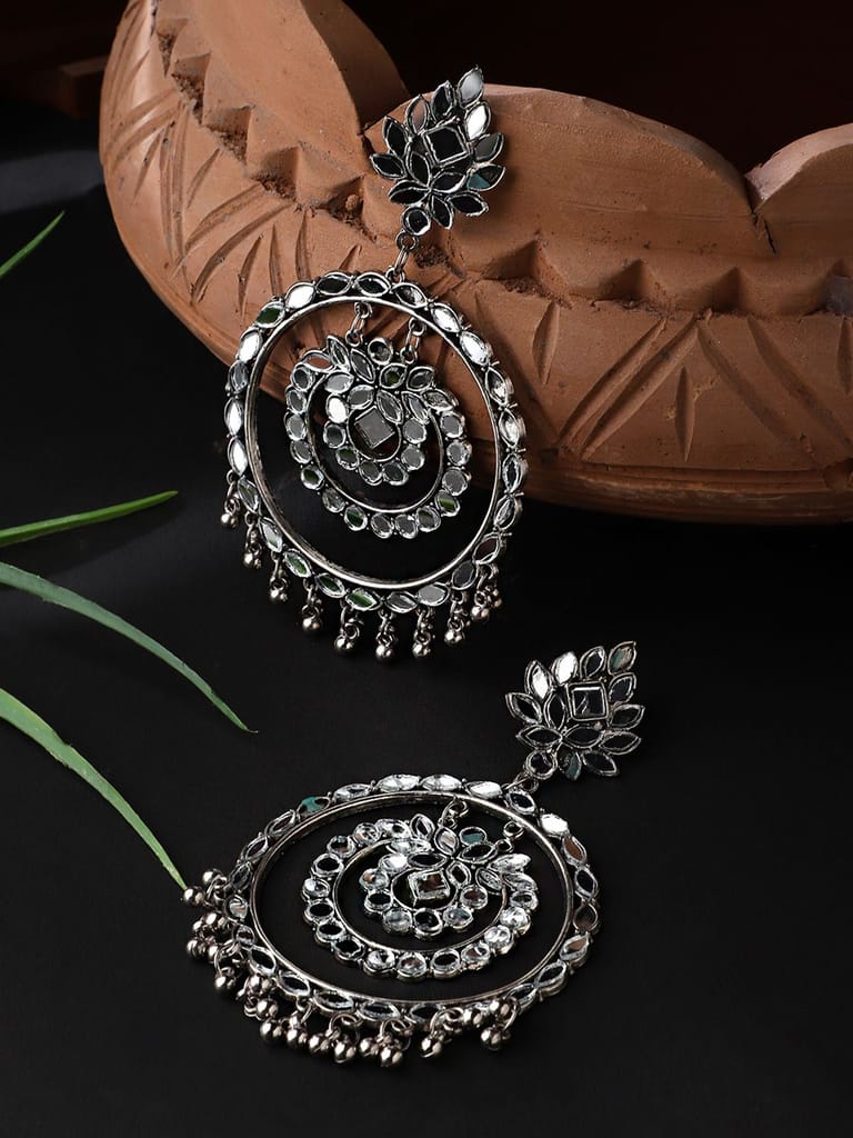 Cardinal Mirror Oxidized Silver Color Mirror Stud Chand Bali Earrings - Earrings | Buy online on ZillyBuy