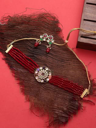 Cardinal Multicolor Stone Maroon Onyx Multistring Gold Plated Brass Choker Necklace Set