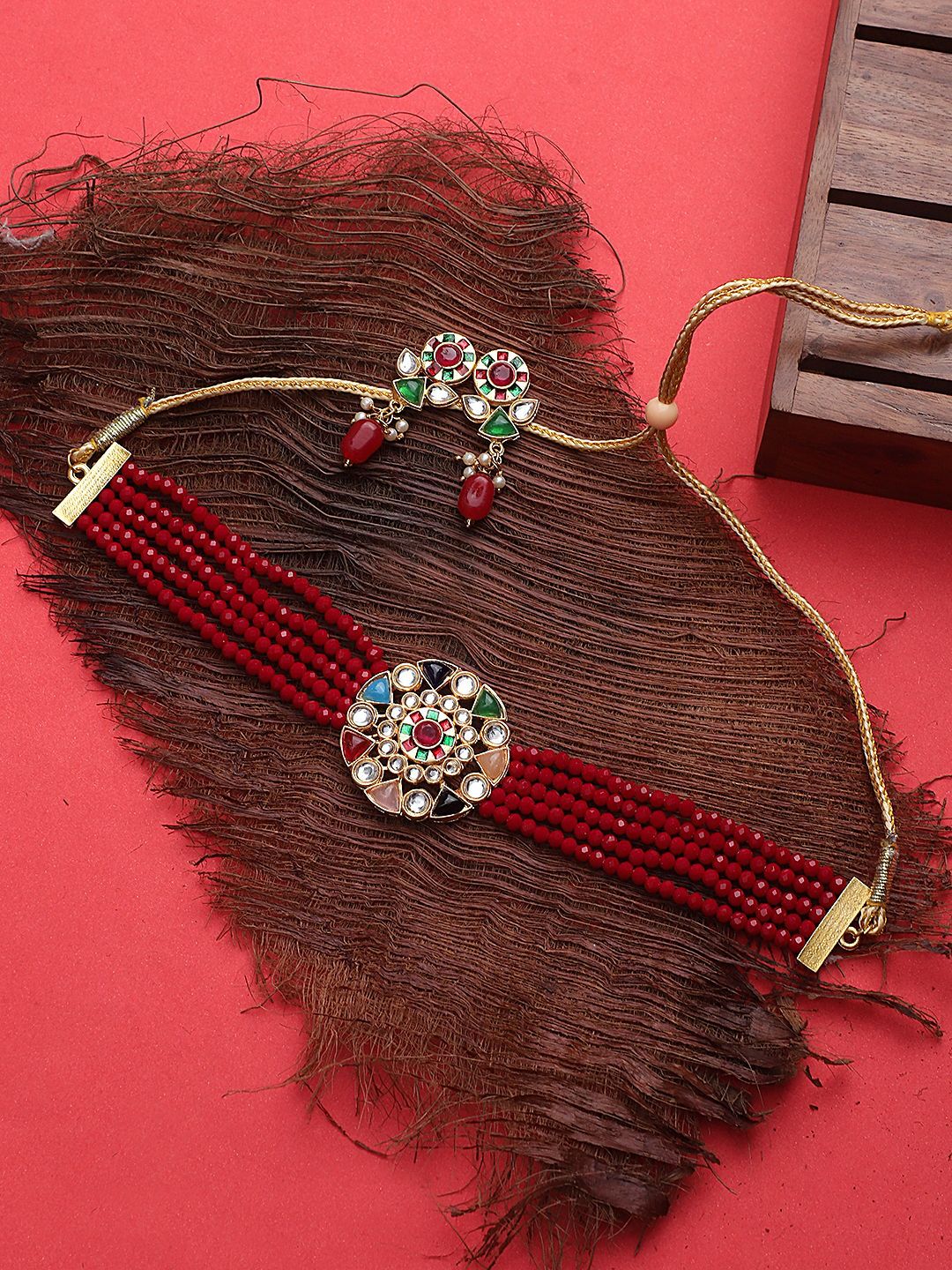 Cardinal Multicolor Stone Maroon Onyx Multistring Gold Plated Brass Choker Necklace Set