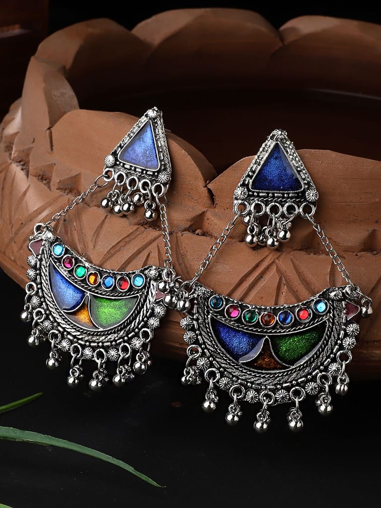Cardinal Blue Minakari Light Weight Oxidized Chand Bali Earrings - Earrings | Buy online on ZillyBuy