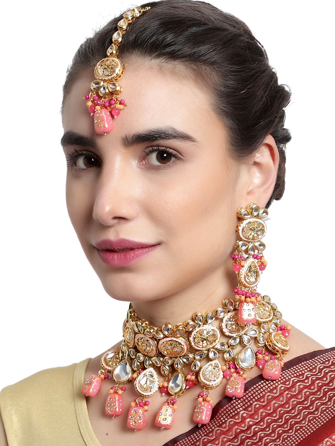 Cardinal Peach Color Stone Kundan Gold Plated Brass Bridal Party Wear Necklace Set & Maang Tika