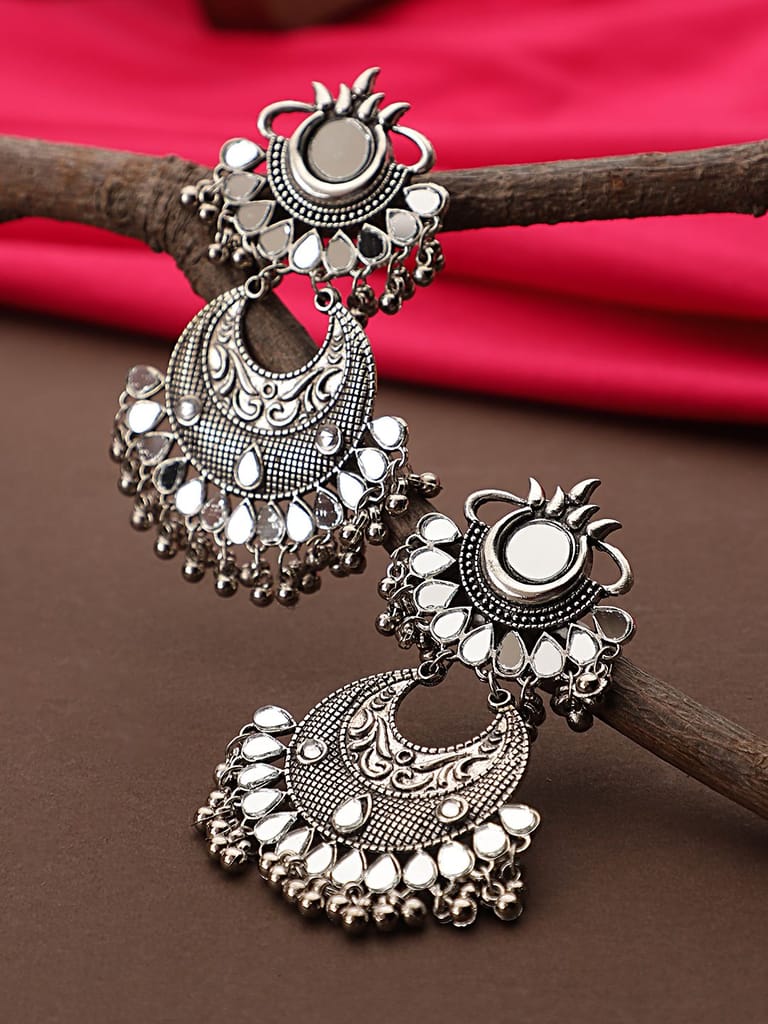 Cardinal Oxidized Silver Color Light Weight Mirror Jhumki Earrings - Earrings | Buy online on ZillyBuy
