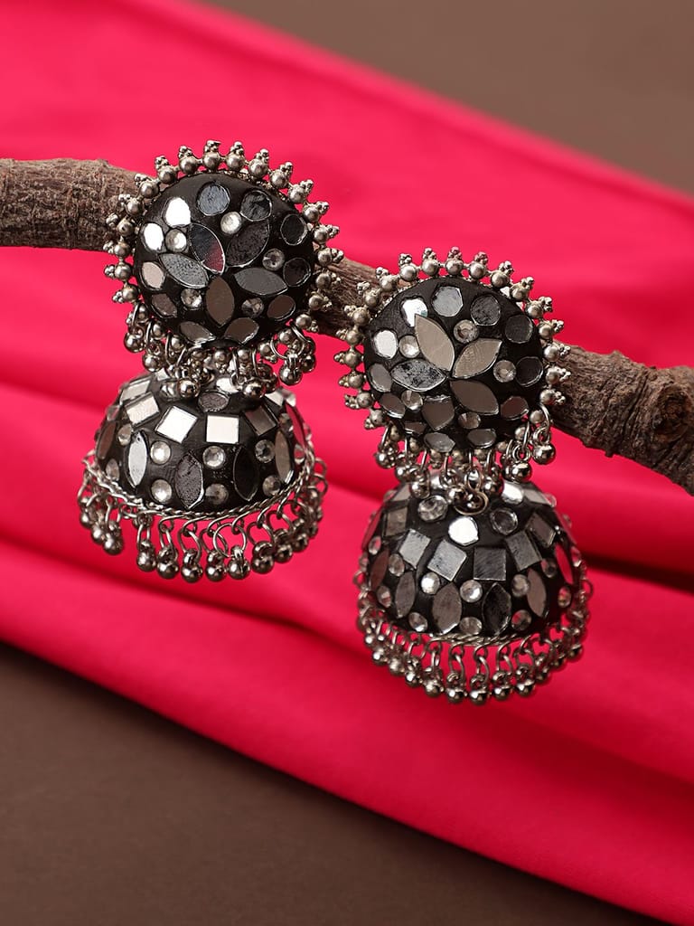 Cardinal Oxidized Silver Color Mirror Light Weight Jhumki Earrings - Earrings | Buy online on ZillyBuy