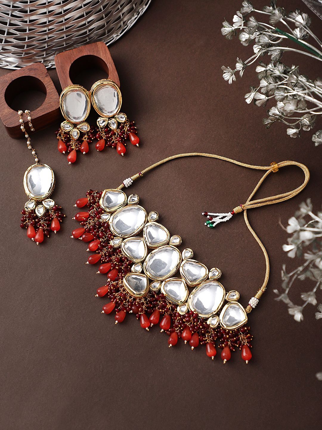 Cardinal Kundan Party Wear Wedding Maroon Color Onyx Gold Plated Brass Maang Tika & Necklace &Earrings