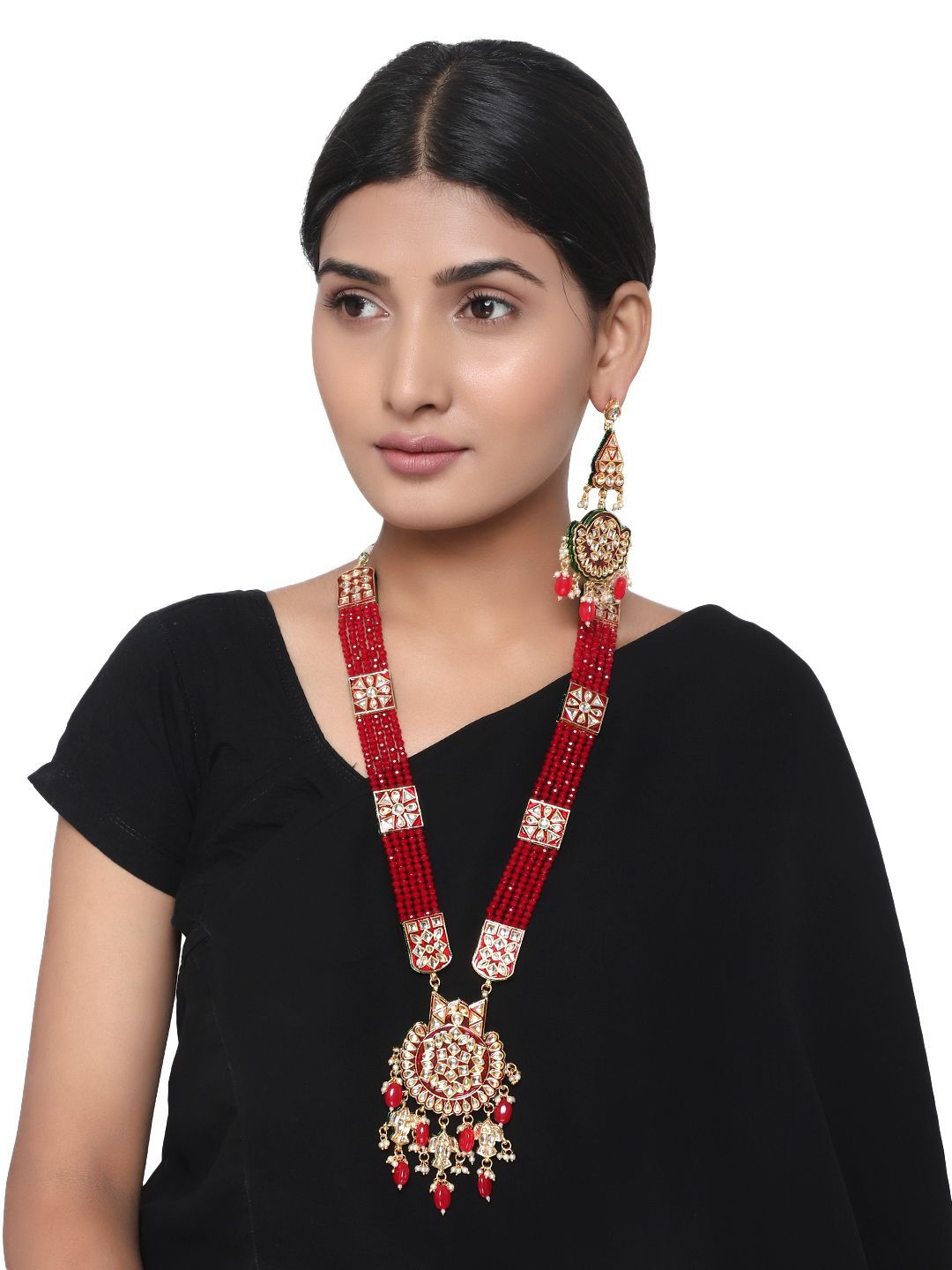 Cardinal Kundan Maroon Onyx Multicolor Minakari Gold Plated Brass Long Ranihaar Necklace Set