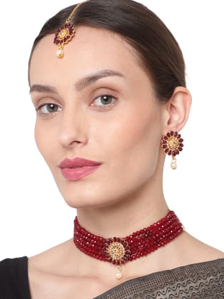 Cardinal Maroon Color Gold Plated Brass Maroon Color Onyx Multistring Choker Necklace Set & Maang Tika