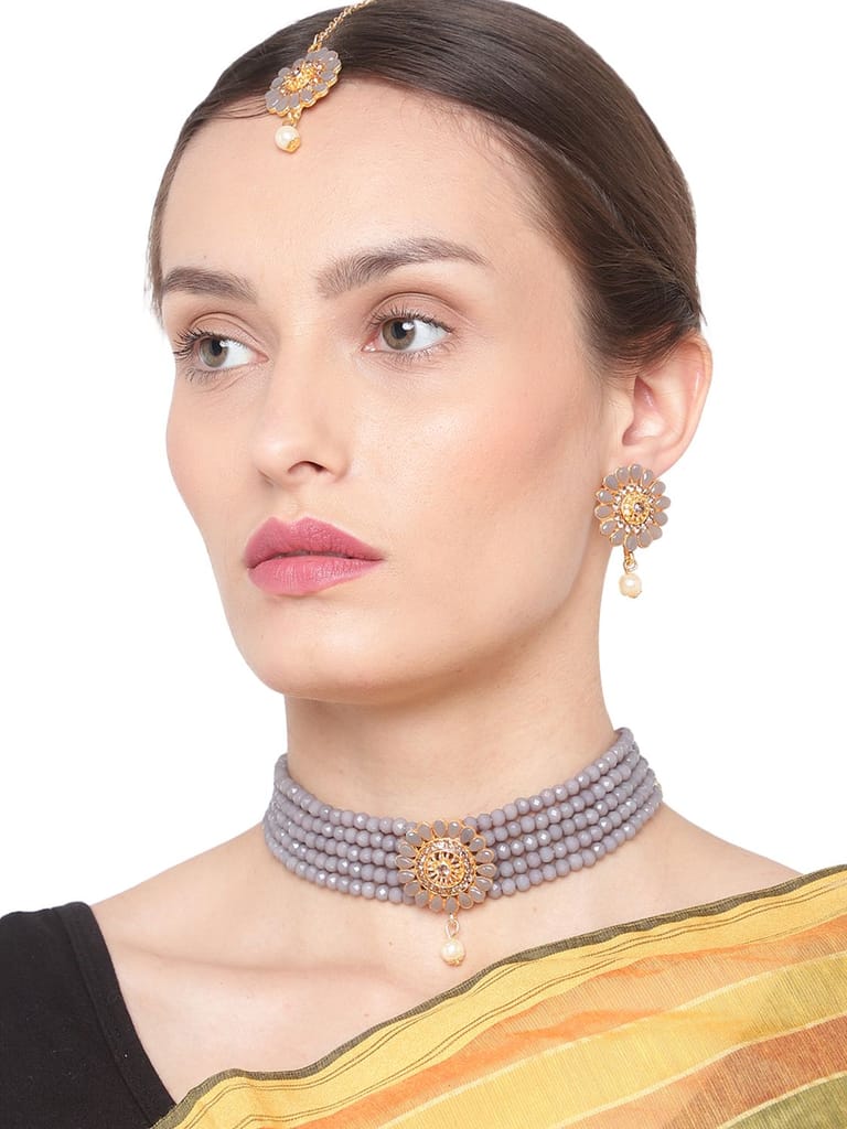 Cardinal Grey Color Onyx Multistring Gold Plated Brass Choker Necklace Set & Maang Tika - Jewellery Sets | Buy online on ZillyBuy