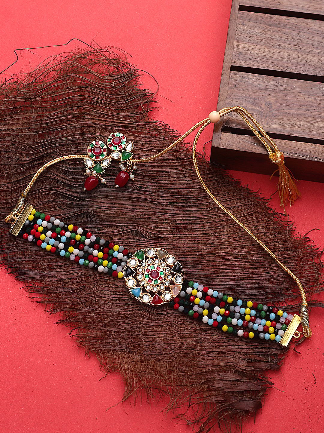 Cardinal Multicolor Stone Grey Color Onyx Multistring Gold Plated Brass Choker Necklace Set